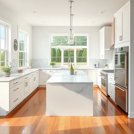 Freshly remodeled kitchen in Bloomingdale IL with modern design, marble island, stainless steel appliances, and natural light.