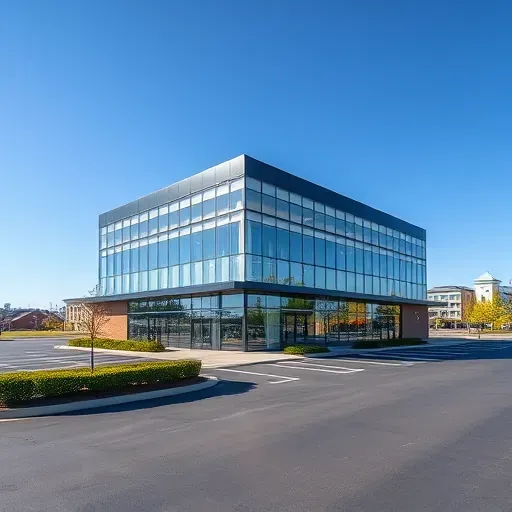 Modern commercial building in Bloomingdale IL with glass facades, clean lines, landscaped surroundings, and suburban context