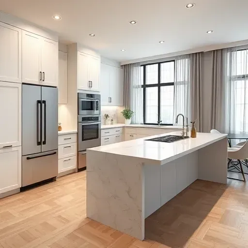 Remodeled Skokie IL modern kitchen with white cabinets, marble island, quartz countertops, stainless appliances, hardwood floors