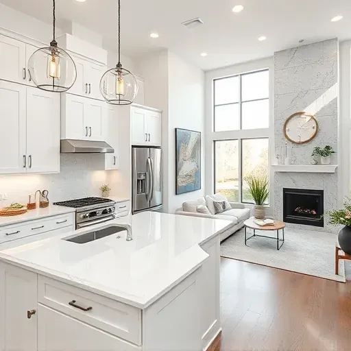 Completed home remodel in Buffalo Grove with modern kitchen, quartz countertops, and elegant living area decor.