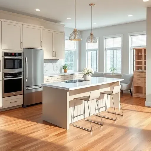 Newly remodeled kitchen in Long Grove IL with modern cabinetry, marble countertops, stainless steel appliances, and hardwood floors.