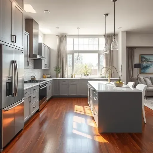 Modern kitchen remodel in Park Ridge IL features sleek cabinetry, stainless appliances, soft gray and white decor, and natural light.
