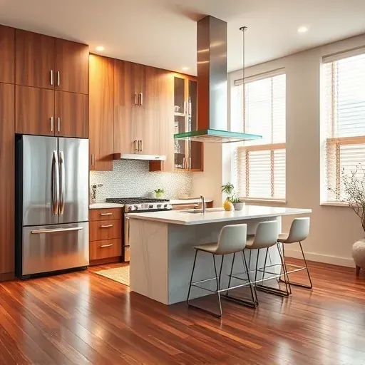 Modern renovated Arlington Heights kitchen with wood cabinets quartz countertops stainless steel appliances and natural light