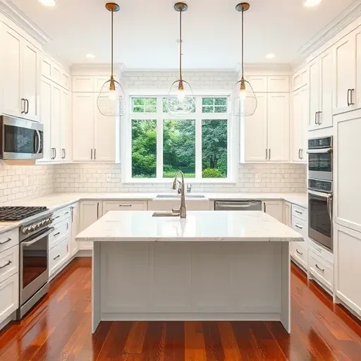 Beautiful remodeled modern kitchen in Wilmette Illinois with white cabinetry granite island stainless appliances and garden view