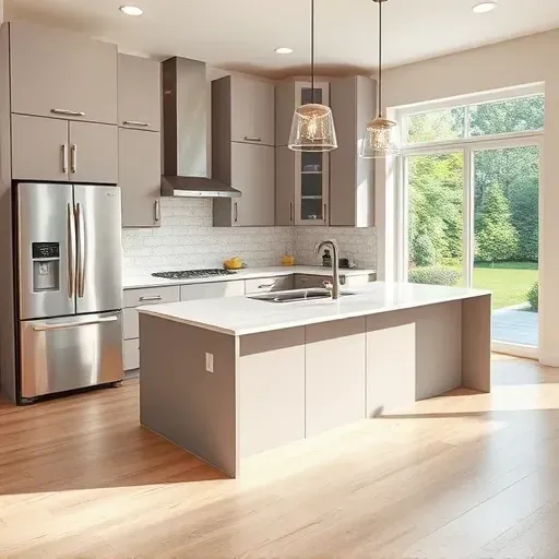 Remodeled modern kitchen in Rolling Meadows Illinois with sleek cabinetry, large island, stainless steel appliances, hardwood floors, and natural light