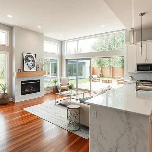 Elegant living room in Northfield IL with polished hardwood floors, sleek fireplace, and stylish furniture, showcasing luxury design.