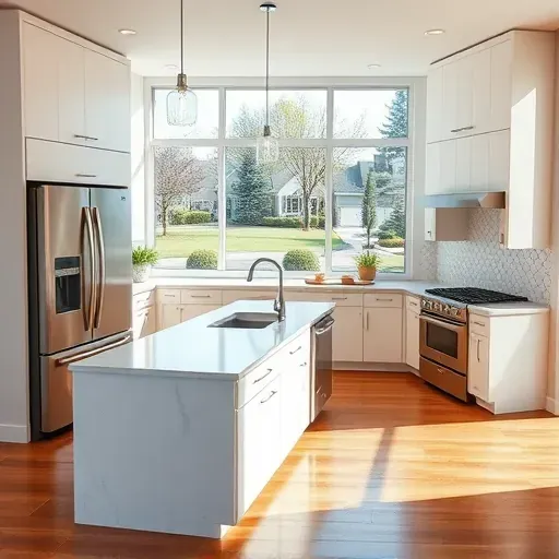Freshly renovated kitchen in Park Ridge IL with sleek cabinets, marble countertops, modern appliances, and natural light.