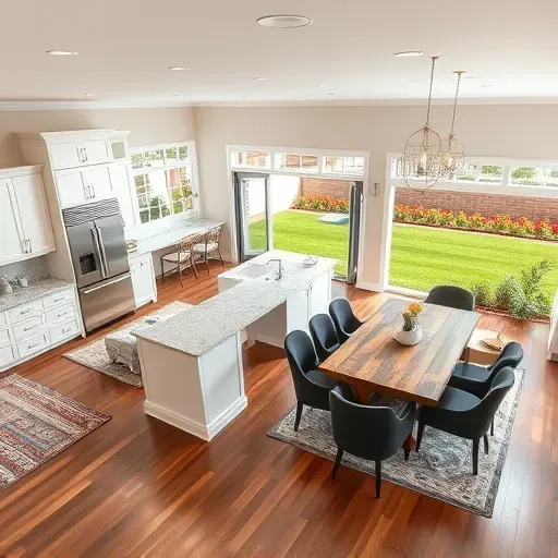 Completed home remodeling in Naperville IL featuring open-concept living space with elegant kitchen and vibrant outdoor area.