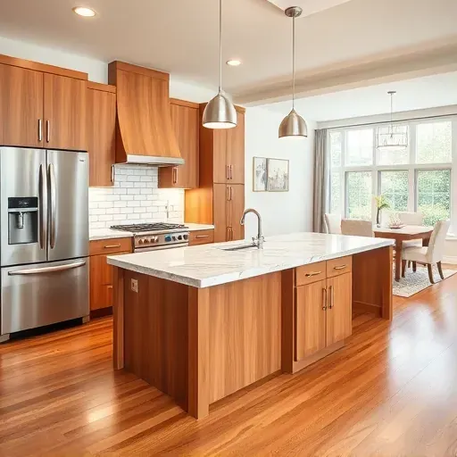 Beautiful modern kitchen in Northbrook IL with wood cabinetry marble island stainless steel appliances and hardwood floors