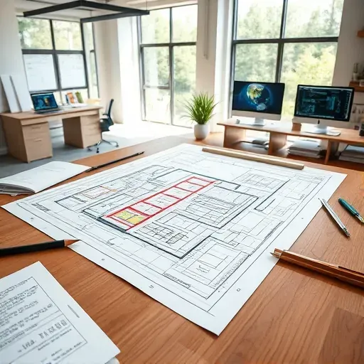 Detailed blueprint on wooden desk with drafting tools in modern architecture studio highlighting craftsmanship and technical precision