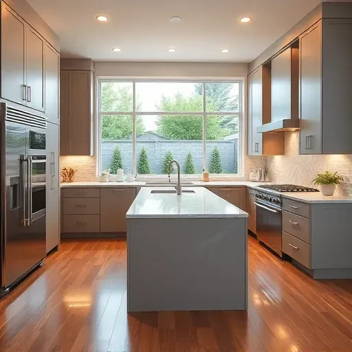 Finished modern kitchen in Mundelein IL with sleek matte cabinets, stainless appliances, marble island, hardwood floors and natural light