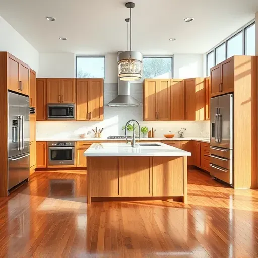 Remodeled Mount Prospect IL kitchen with quartz countertops stainless steel appliances warm wood cabinetry a central island and natural light