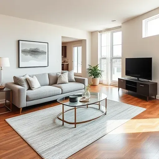 Modern Gurnee living room featuring elegant furnishings, large windows, and a cozy dining nook in an open-concept design.