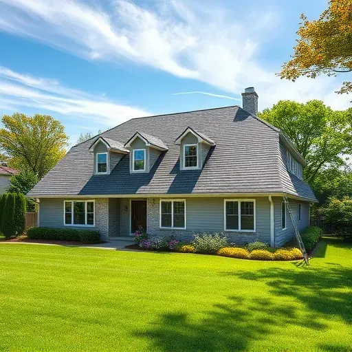 Bloomingdale IL residential home with new asphalt shingle roof, lush yard, garden flowers, blue sky, and neighborhood setting
