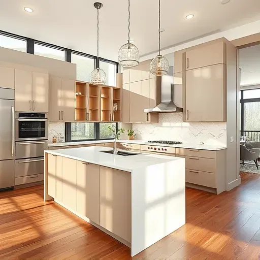 Recently remodeled Lake Zurich kitchen with sleek matte cabinetry, quartz island, stainless steel appliances, hardwood floors and bright natural light