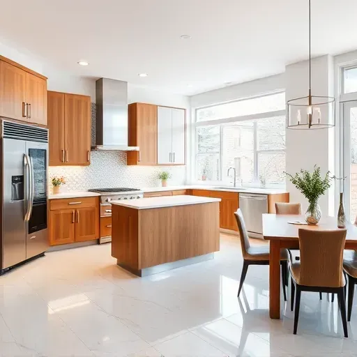 Contemporary kitchen remodel in Palatine, IL with oak cabinetry, quartz island, and iridescent tile backsplash.