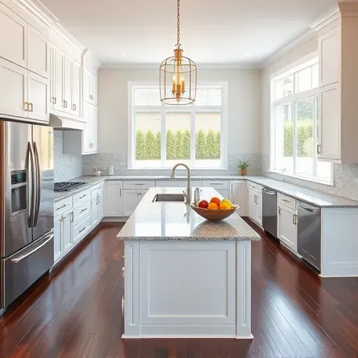 Modern kitchen remodel in Des Plaines IL features stainless steel appliances, granite countertops, and brass hardware.