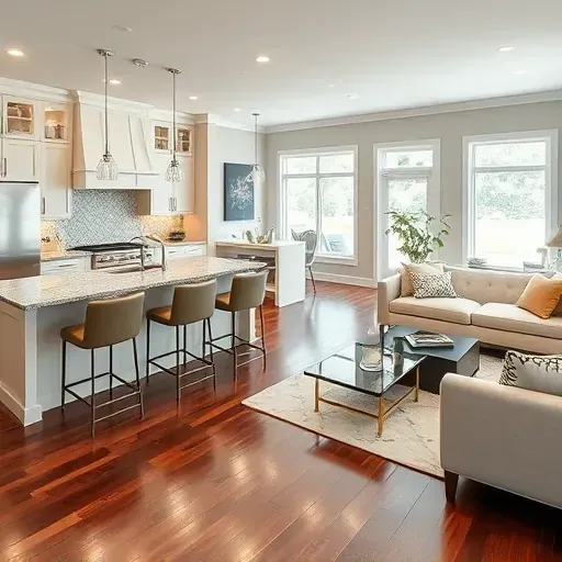 Stylish kitchen and cozy living area in remodeled home in Oak Brook, IL with granite countertops and ambient lighting.