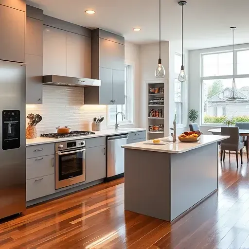 Remodeled Skokie Illinois kitchen with modern matte cabinetry stainless steel appliances marble island bright natural light hardwood floors and stylish backsplash