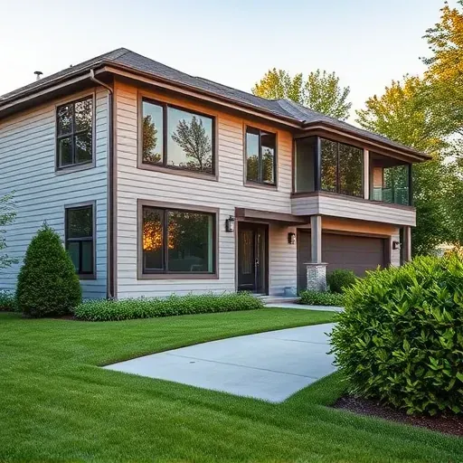 Close-up of a modern Bloomingdale house with detailed siding, large reflective windows, lush surroundings, and pristine landscaping