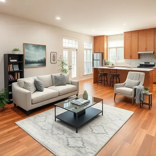 Remodeled suburban living room in Palatine, IL with wood flooring, modern furnishings, and ample natural light.