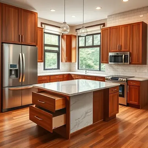 Freshly renovated Wheeling IL kitchen with modern cabinetry, granite island, and natural light showcasing elegance.