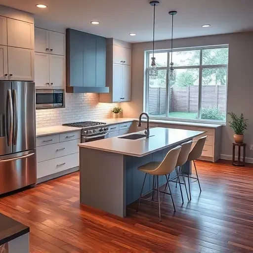 Modern renovated Morton Grove kitchen with matte cabinets quartz island stainless appliances backsplash hardwood floor and natural light
