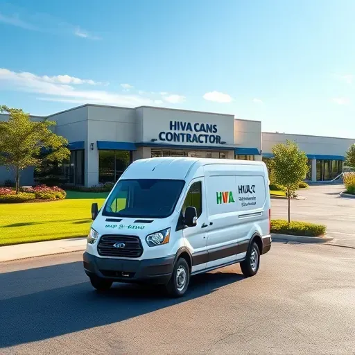 Modern HVAC service van with branding parked outside a neat commercial building in Bloomingdale IL under clear blue skies
