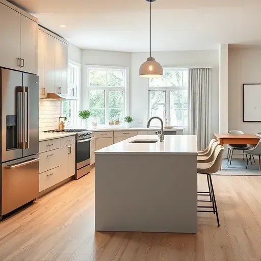 Recently remodeled modern kitchen in Schaumburg IL with sleek matte cabinets stainless steel appliances quartz countertops and Scandinavian style