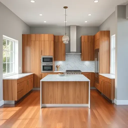 Modern renovated Morton Grove kitchen with sleek wood cabinets granite island stainless appliances and natural light