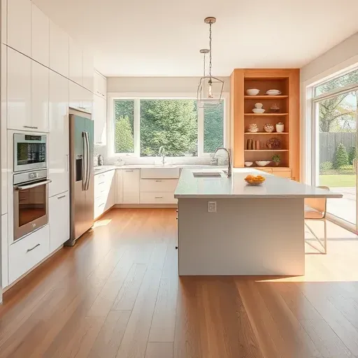 Recently remodeled Elmhurst IL kitchen with sleek cabinetry quartz countertops stainless steel appliances hardwood floor large window.