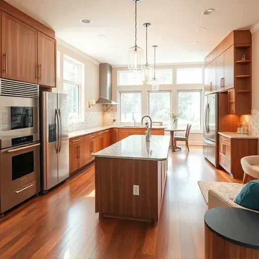 Modern kitchen remodel in Mundelein IL with stainless appliances granite island warm wood cabinets hardwood floors and sleek lighting