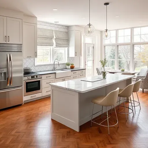 Modern Highland Park kitchen with matte cabinetry, marble countertops, geometric backsplash, stainless appliances, hardwood floors, and natural light