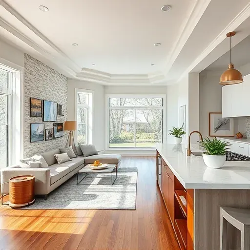 Spacious modern living room in Oak Brook with neutral walls, textured feature wall, and luxurious kitchen showcasing elegance.