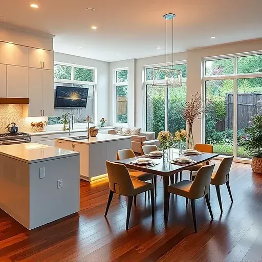 Modern kitchen and living area in Morton Grove IL featuring sleek appliances, quartz countertops, and elegant decor.