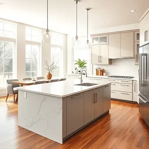 Newly renovated kitchen in Bloomingdale IL featuring modern cabinetry, marble island, and stainless steel appliances.