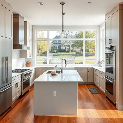 Remodeled Wilmette kitchen with modern matte cabinetry stainless steel appliances quartz island white subway backsplash warm hardwood floors and large windows