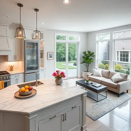 Elegant Riverwoods kitchen with granite counters, stainless steel appliances, marble island, and a landscaped view.