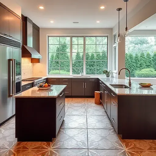 Modern Vernon Hills kitchen remodel featuring sleek appliances, granite island, geometric tile, and natural light.