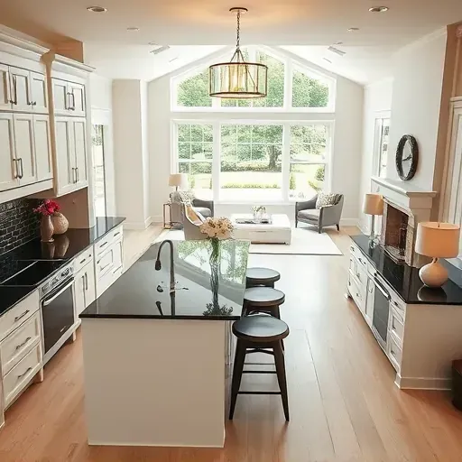 Modern Niles IL kitchen with white cabinetry, dark countertops, island, cozy living room, and garden view through glass door.
