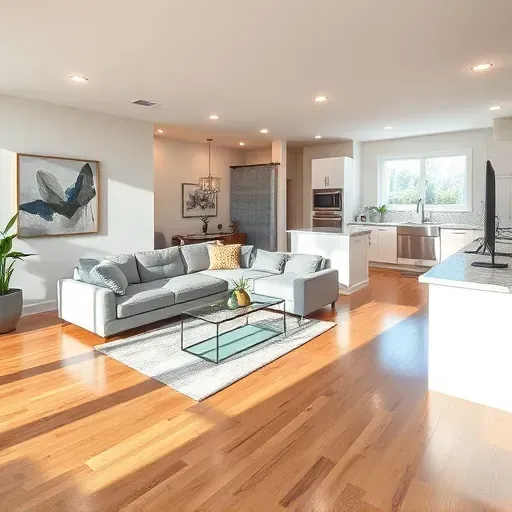 Remodeled living room in Vernon Hills IL showcasing hardwood floors, modern furniture, and a sleek kitchen layout.