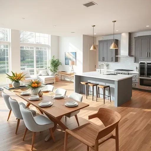Modern open-concept living space in Wilmette IL featuring elegant kitchen and inviting dining area with stylish decor.