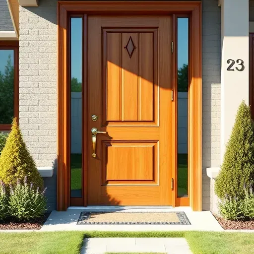 Completed wooden front door with intricate panels, polished bronze handle, landscaped yard, and modern trim in Bloomingdale IL