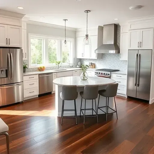 Modern kitchen remodel in Winnetka, featuring high-end appliances, polished granite countertops, and elegant decor.