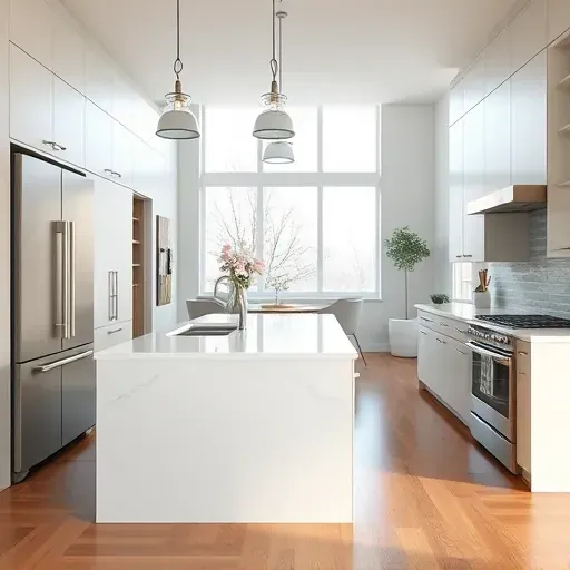 Newly renovated Glenview kitchen with modern cabinetry, quartz countertops, glass backsplash, and elegant lighting.