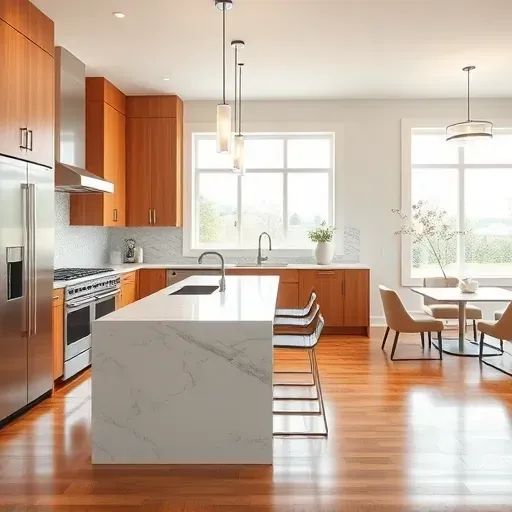 Renovated Long Grove IL kitchen with warm wood cabinets stainless steel accents quartz countertops marble backsplash spacious island pendant lighting large windows hardwood flooring open-concept design modern appliances