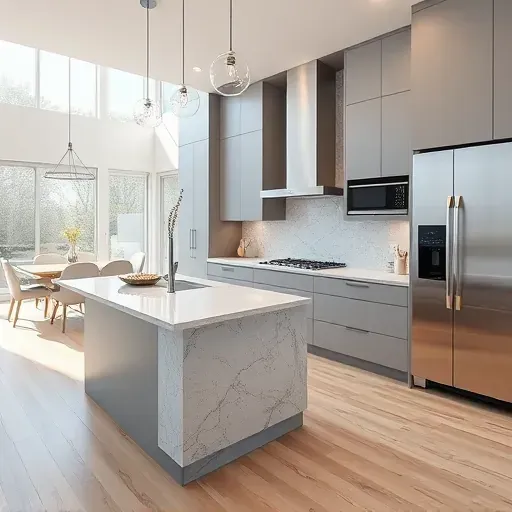 Remodeled kitchen in Libertyville, IL featuring modern cabinetry, granite countertops, stainless steel appliances, and light hardwood floors.