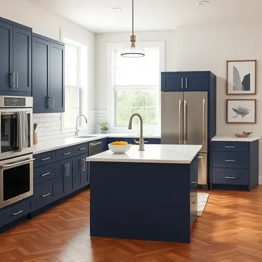 Renovated modern kitchen in Mount Prospect IL with navy blue cabinets, white quartz countertops, stainless steel appliances, and hardwood flooring