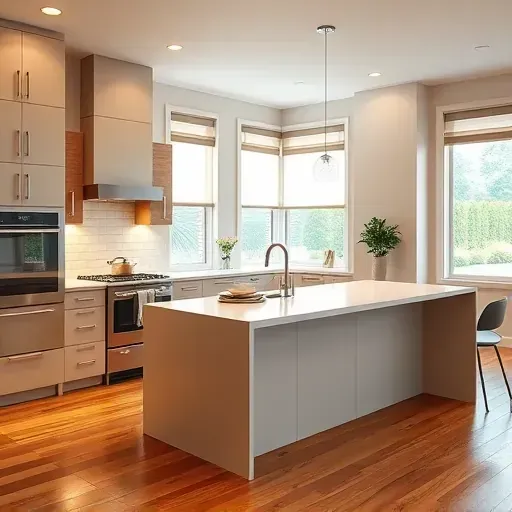 Beautiful renovated Oak Brook kitchen with modern matte cabinets stainless appliances quartz island hardwood floors and natural light