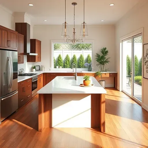 Modern kitchen renovation in Buffalo Grove with quartz countertops, walnut cabinetry, and large windows showcasing greenery.